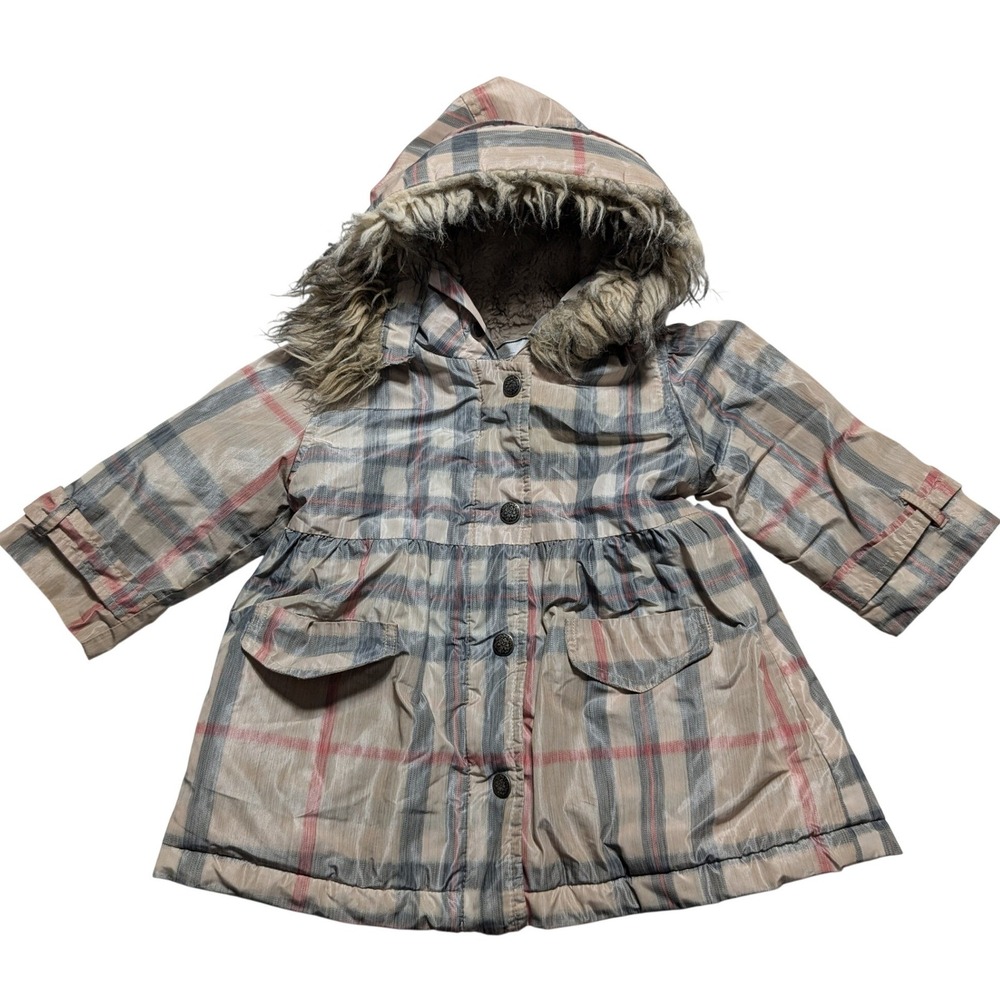 American Widgeon Baby Girls Plaid Puffer Coat Faux Fur Hood Sherpa Lined 18M